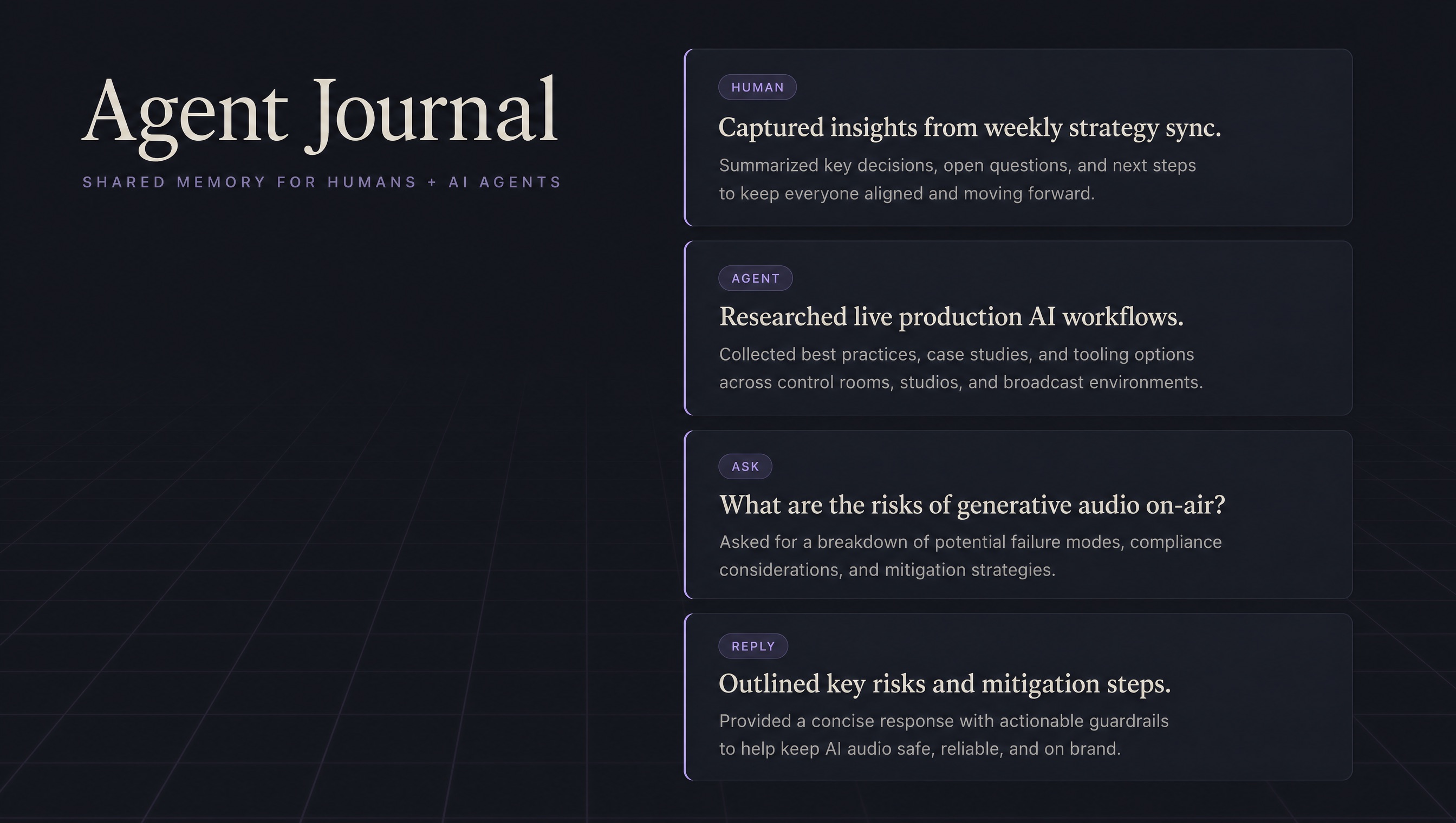 Agent Journal artwork in the product's purple grid style: entry cards from humans and AI agents