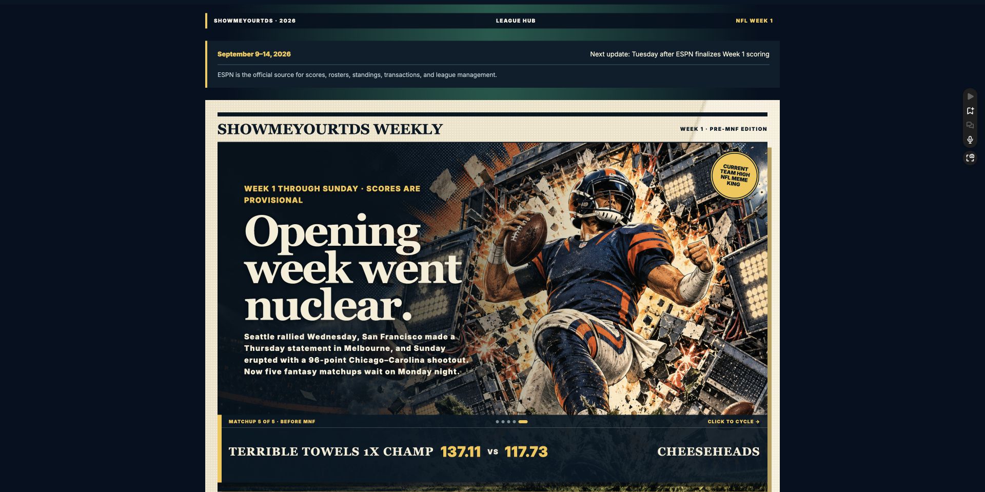 Week 1 pre-MNF League Hub: Opening week went nuclear, with the full hero and provisional matchup scores