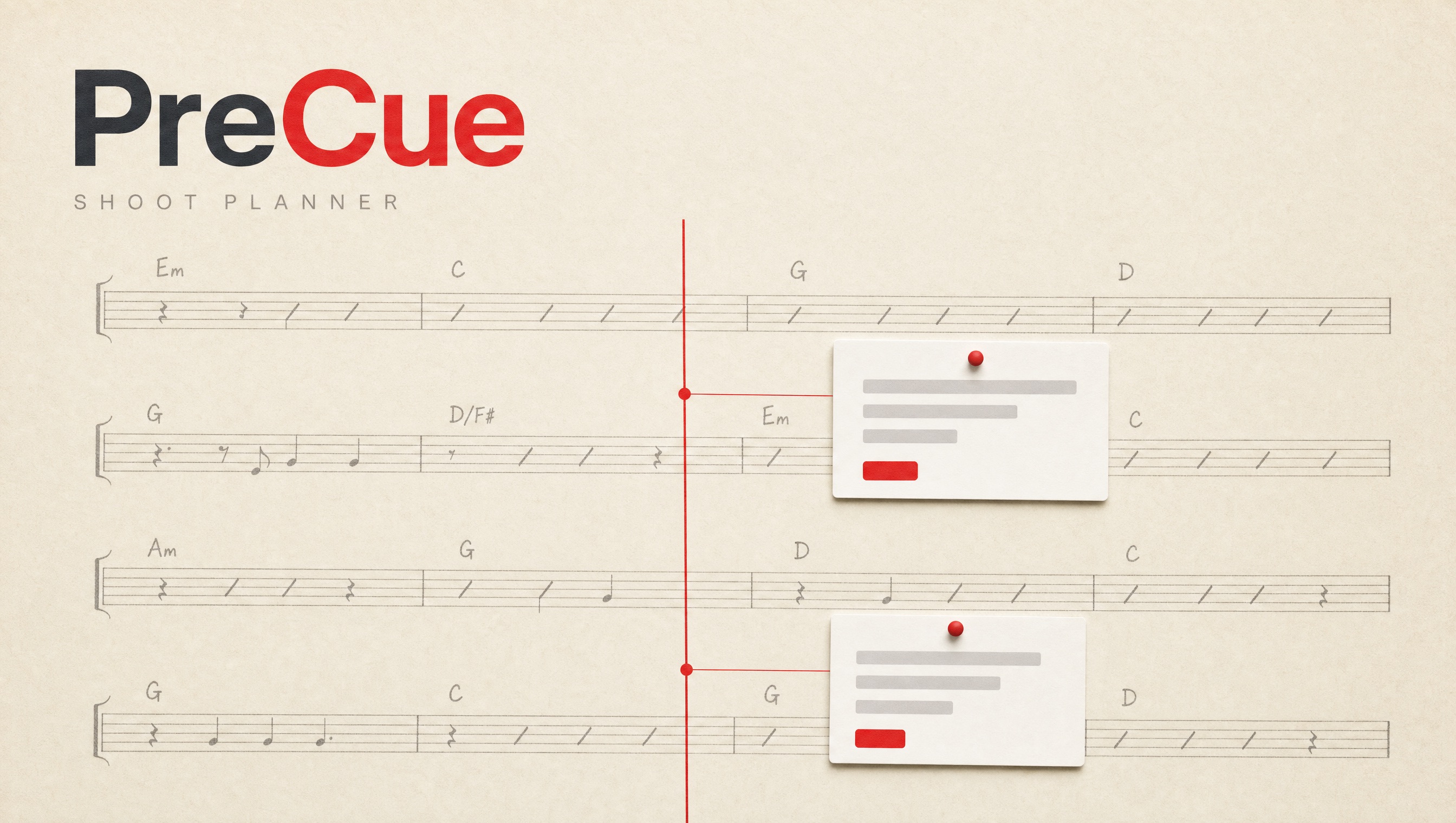 PreCue artwork: a printed song chart with a red playhead and notes pinned to specific lines